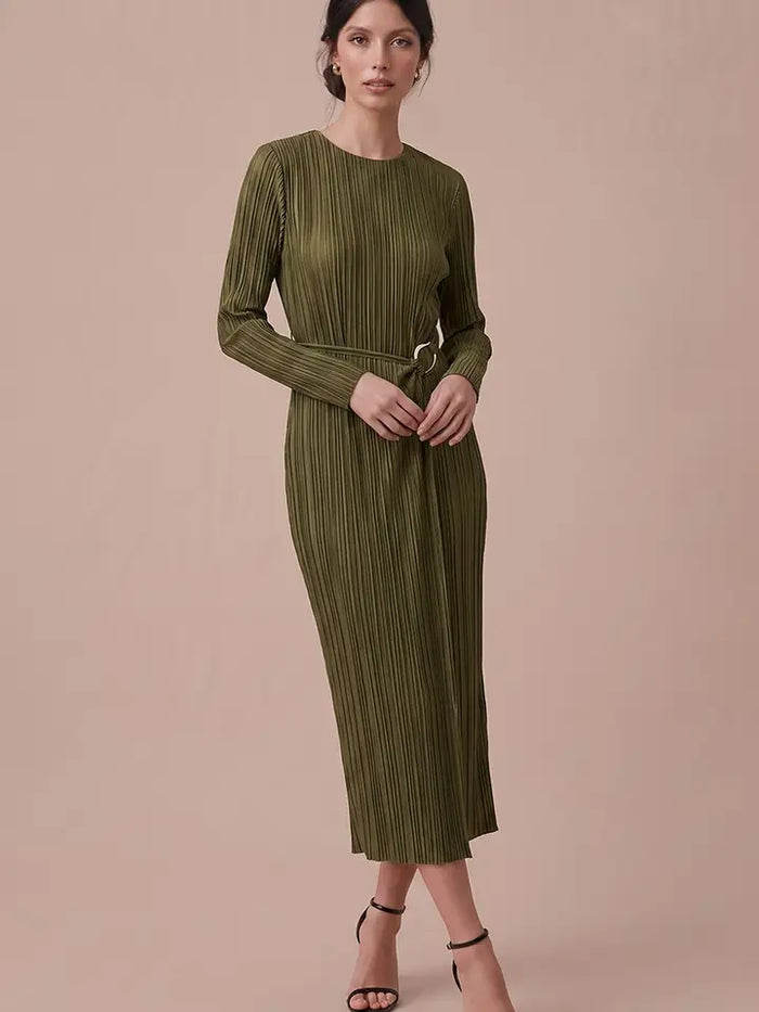Olive You A Lot Plisse Long Sleeve Dress With Gold Buckle