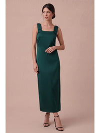 Brittney Bow Shoulder Strap Satin Column Maxi Dress Hunter Green