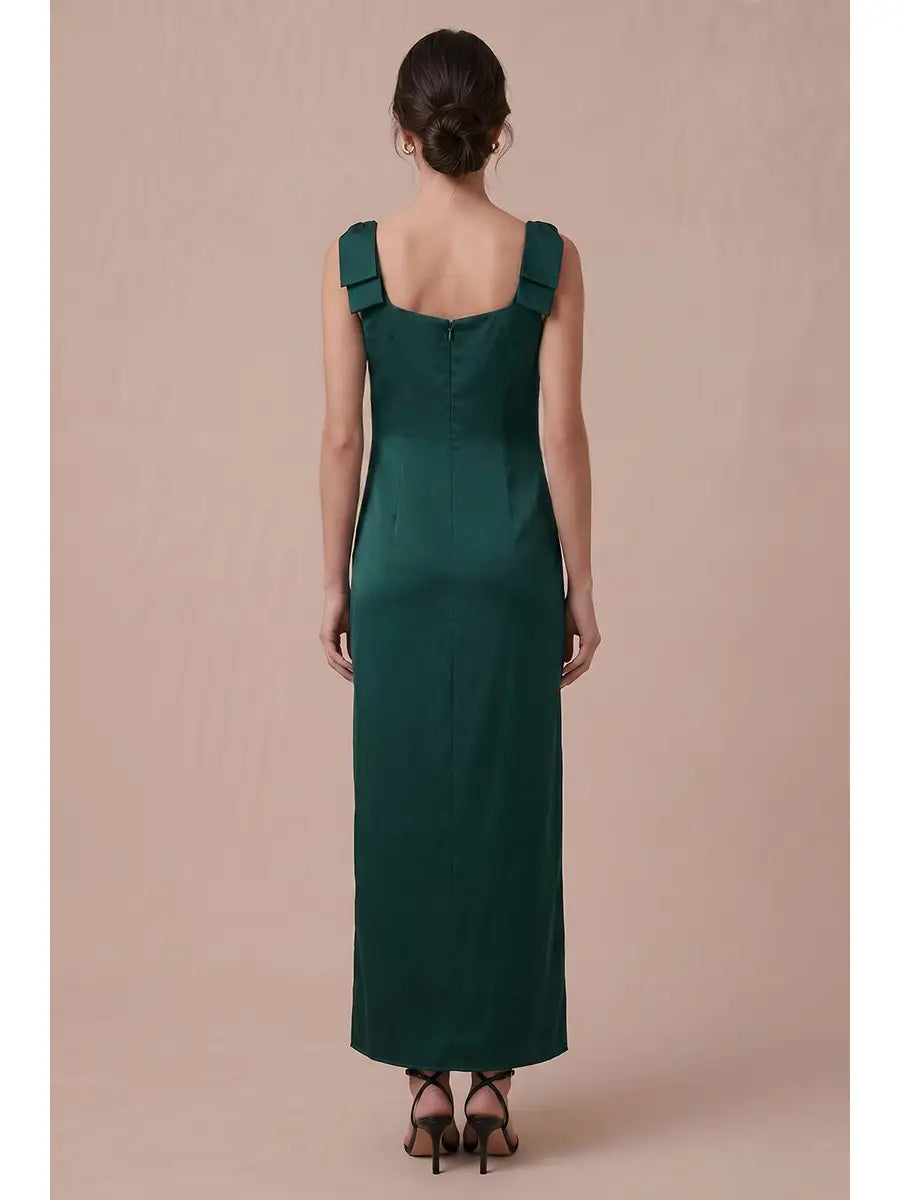 Brittney Bow Shoulder Strap Satin Column Maxi Dress Hunter Green