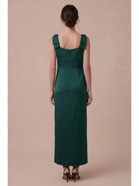 Brittney Bow Shoulder Strap Satin Column Maxi Dress Hunter Green