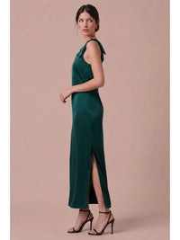 Brittney Bow Shoulder Strap Satin Column Maxi Dress Hunter Green