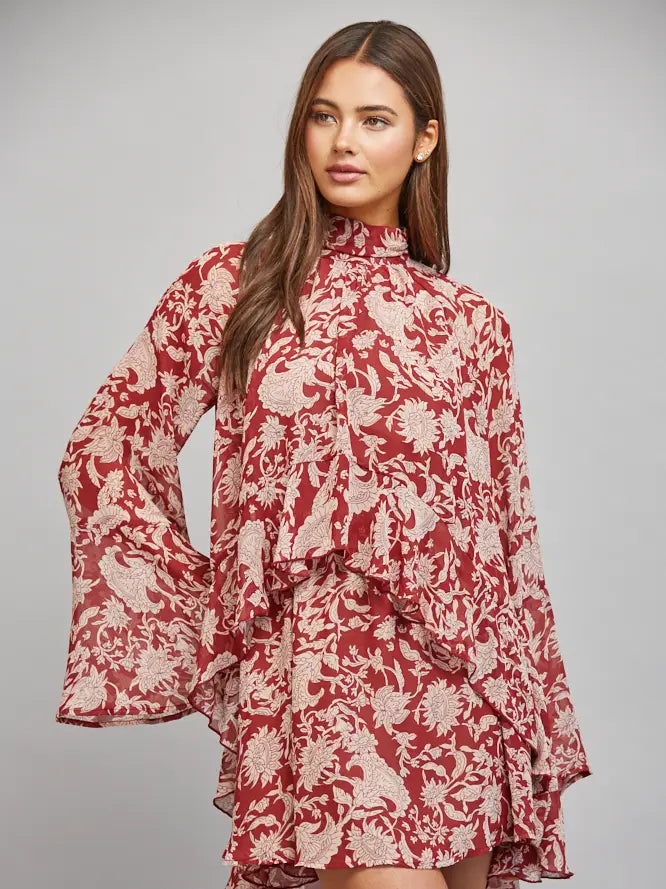 Faye Floral Print with Tie Back Detail Ruffled Panel Flowy Dress