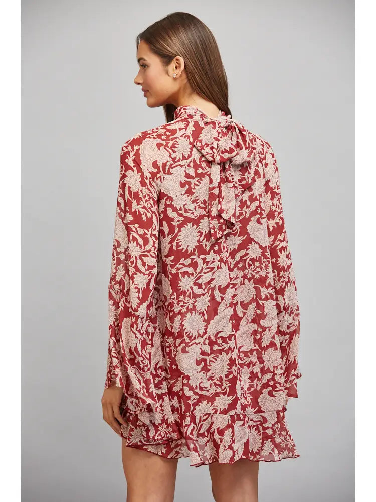 Faye Floral Print with Tie Back Detail Ruffled Panel Flowy Dress