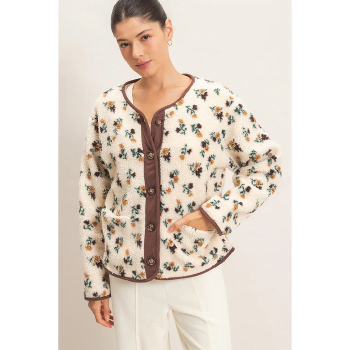 Floral Sherpa Jacket with Corduroy Trim