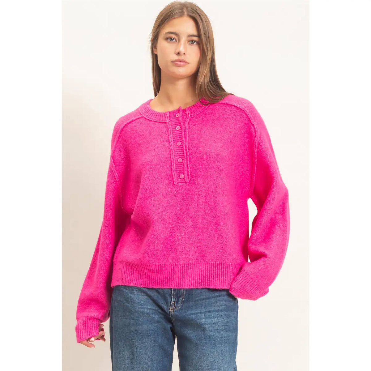 Hannah Henley Sweater with Reverse Seams