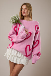 Pink Heart Round Neck Sweater