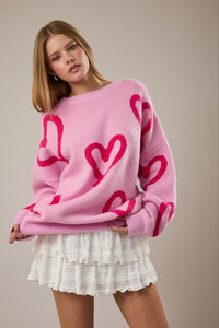 Pink Heart Round Neck Sweater
