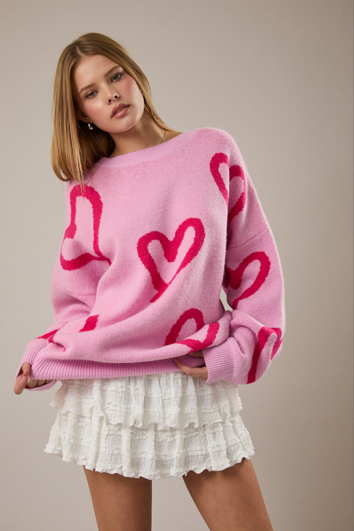 Pink Heart Round Neck Sweater