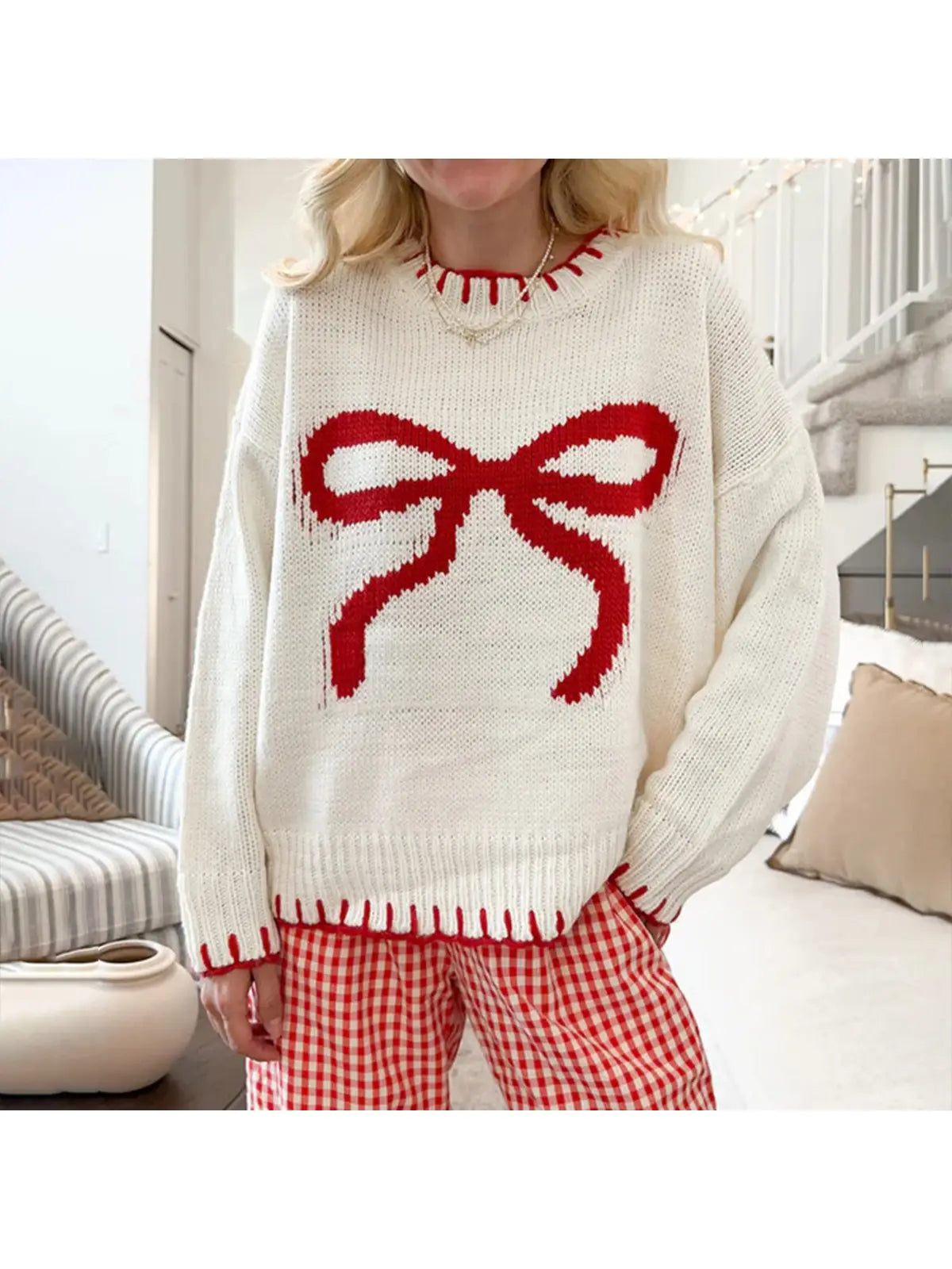 Laid-Back Style Knitted Bow Jacquard Sweater