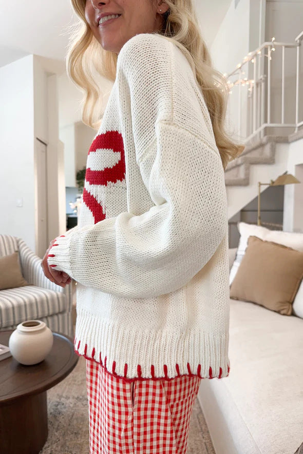 Laid-Back Style Knitted Bow Jacquard Sweater
