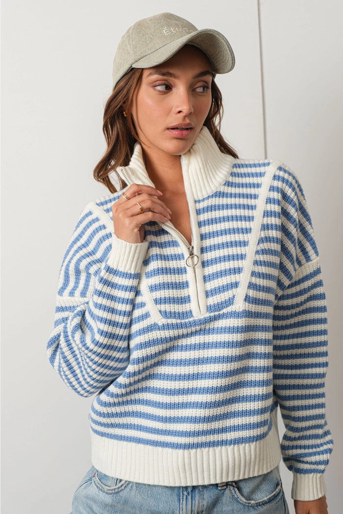 Preppy Blue Half-Zip Striped Sweater