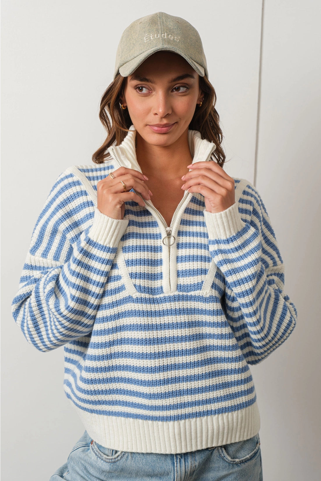 Preppy Blue Half-Zip Striped Sweater