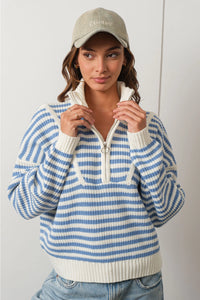 Preppy Blue Half-Zip Striped Sweater