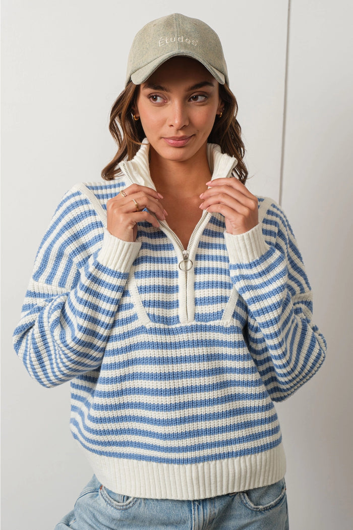 Preppy Blue Half-Zip Striped Sweater