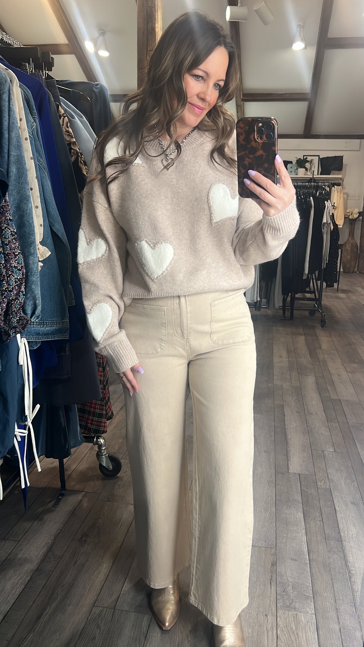 Taupe Sweater With White Hearts