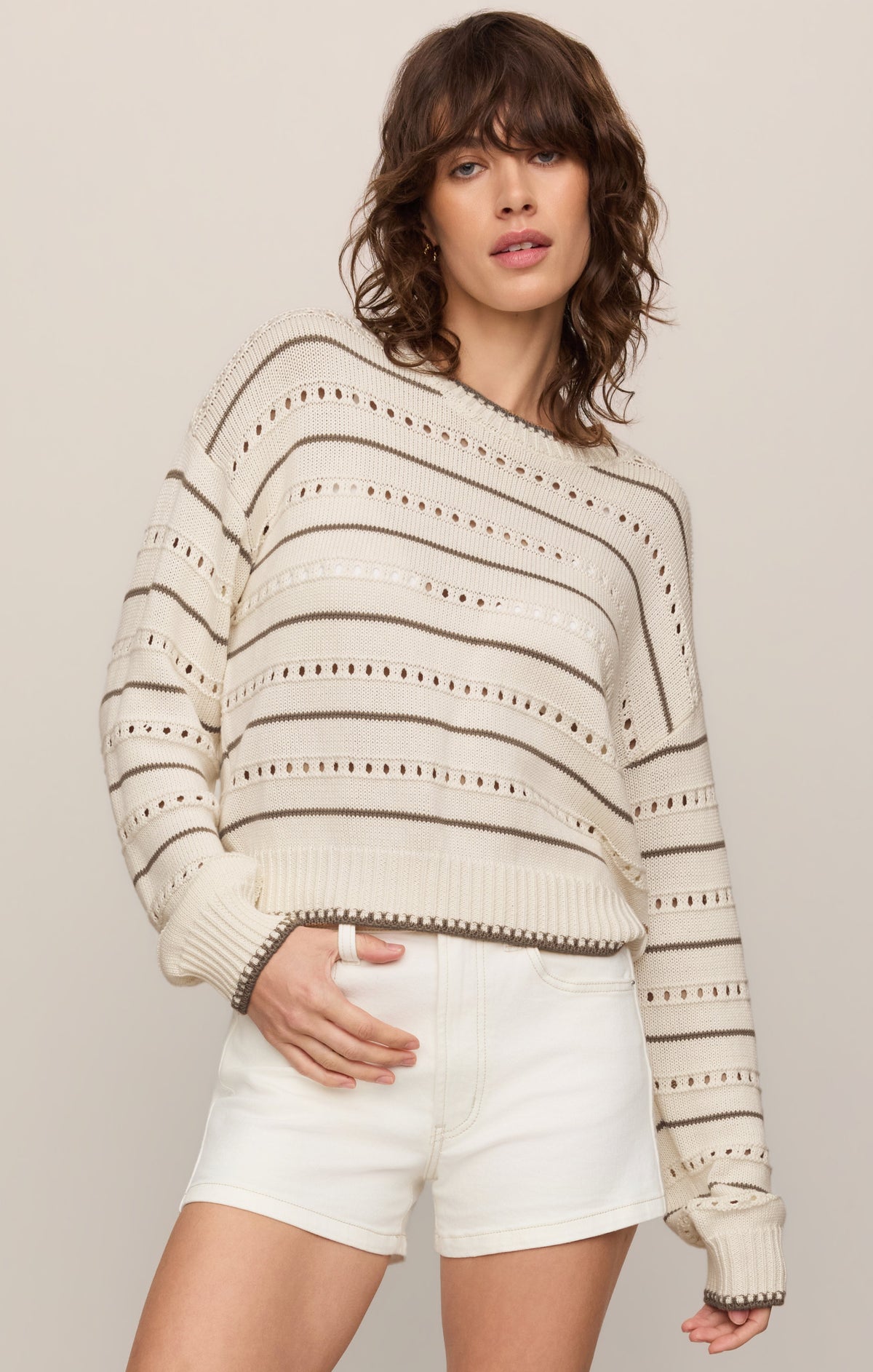 Darby Stripe Pointelle Sweater - Sandstone