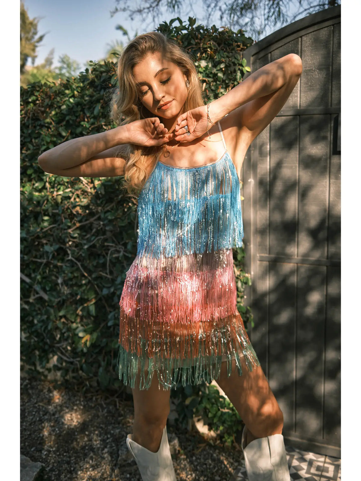 Multi Color Fringe Mini Dress Blush