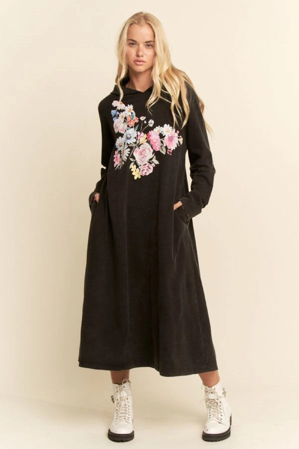 Mineral Floral Butterfly Printed Hoodie Midi Dress