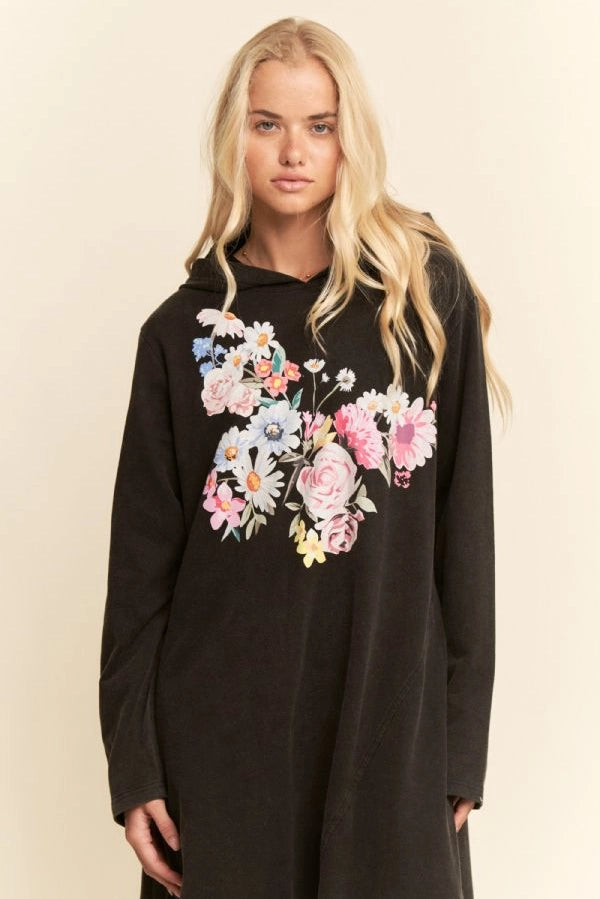Mineral Floral Butterfly Printed Hoodie Midi Dress