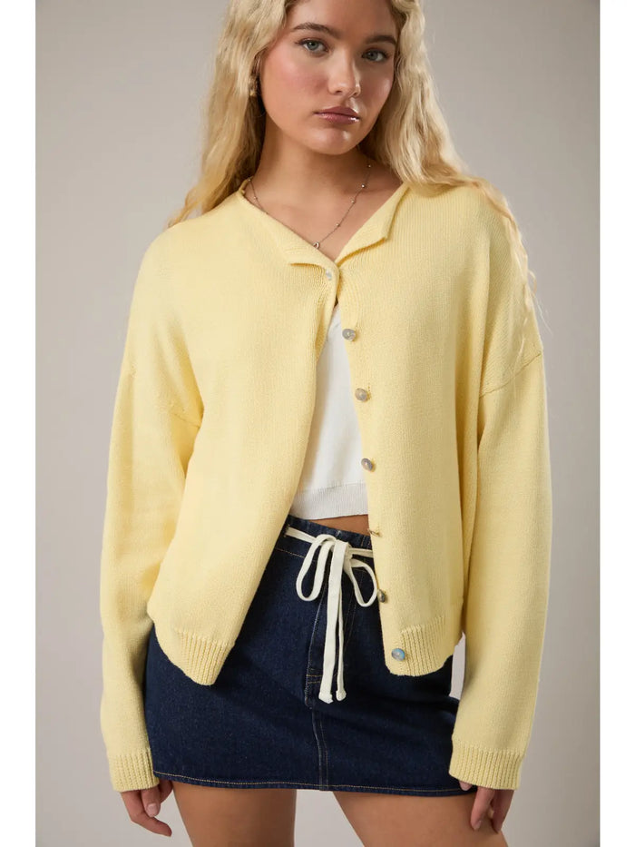 Butter Yellow Round Rolled Hemline Sweater Cardigan