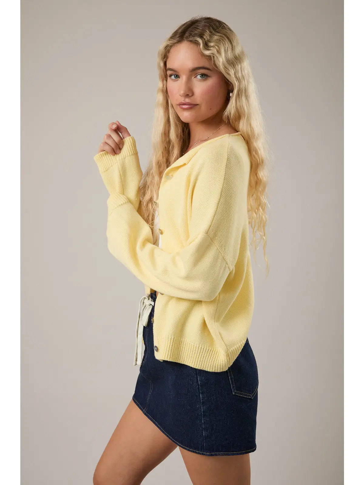 Butter Yellow Round Rolled Hemline Sweater Cardigan