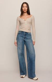 Andie Striped Henley Top - Oatmeal