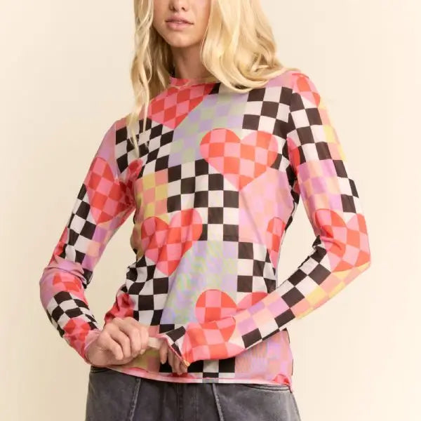 Checkered Heart Mesh Top