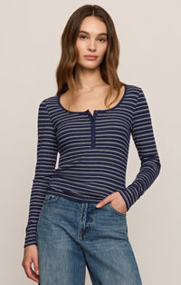 Andie Striped Henley Top - Oxford Blue