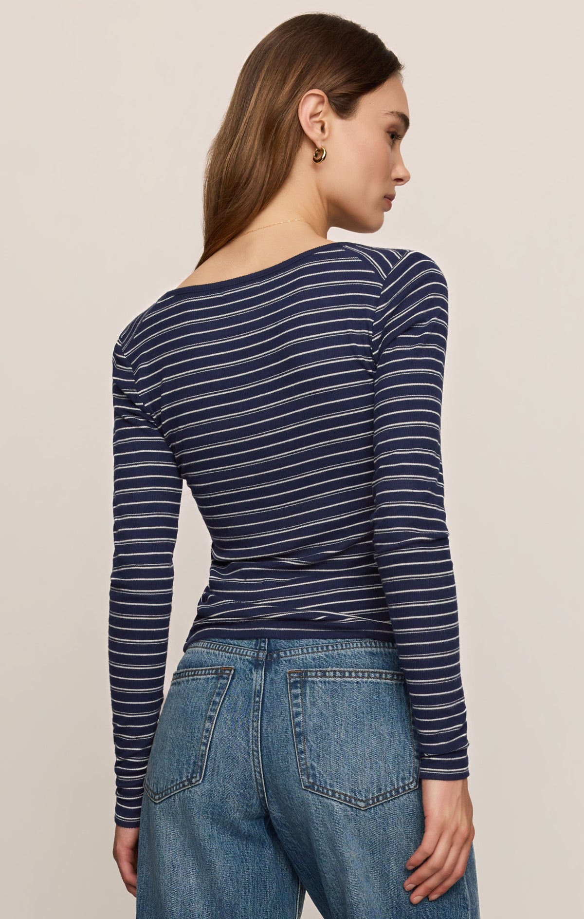 Andie Striped Henley Top - Oxford Blue