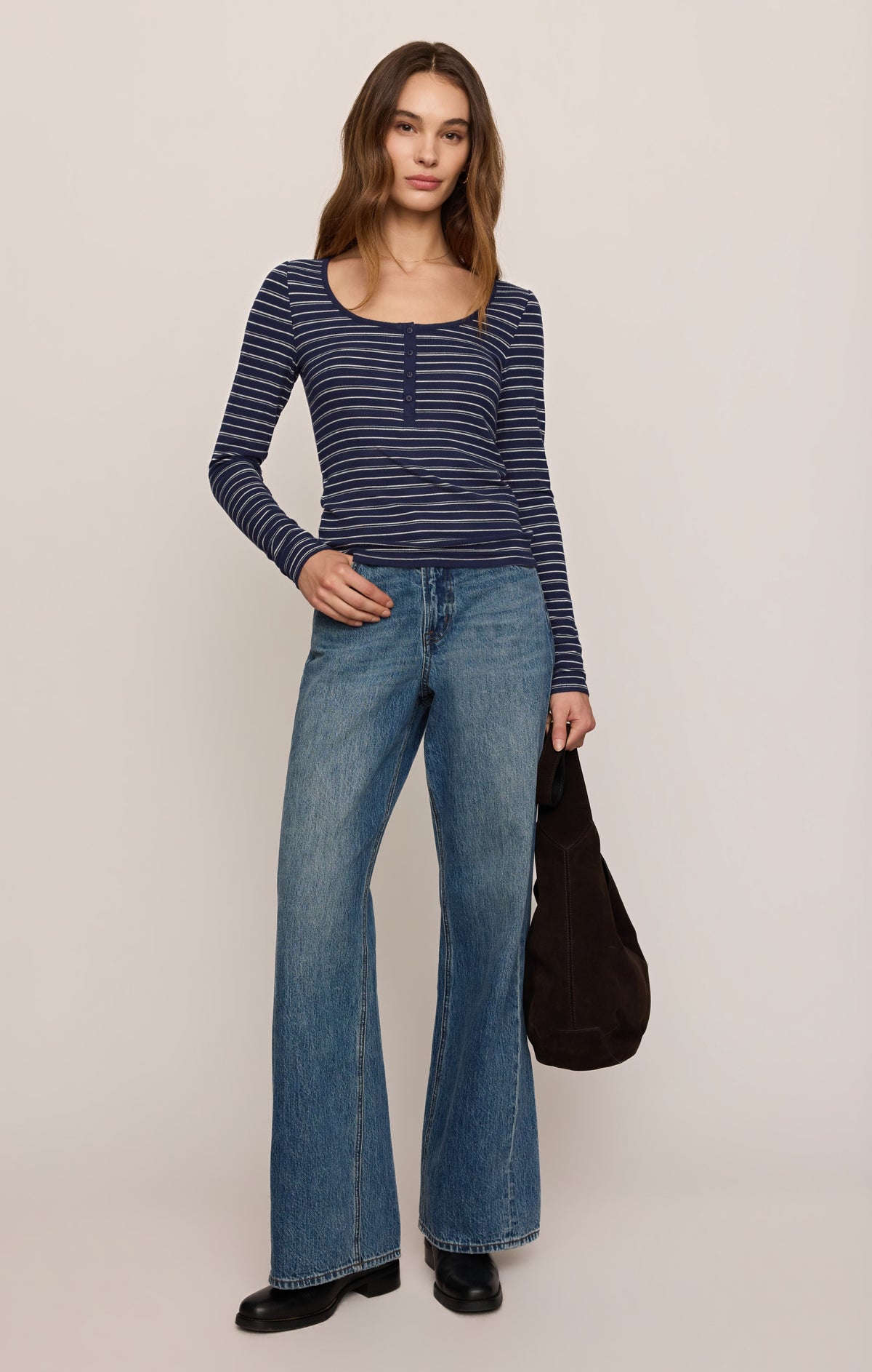 Andie Striped Henley Top - Oxford Blue