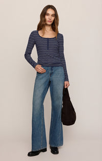 Andie Striped Henley Top - Oxford Blue