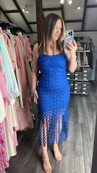 Royal Blue Eyelet Lace Fringe Midi Dress