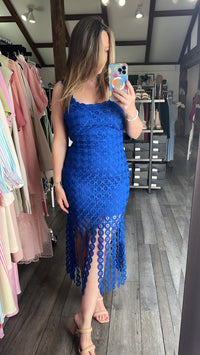 Royal Blue Eyelet Lace Fringe Midi Dress