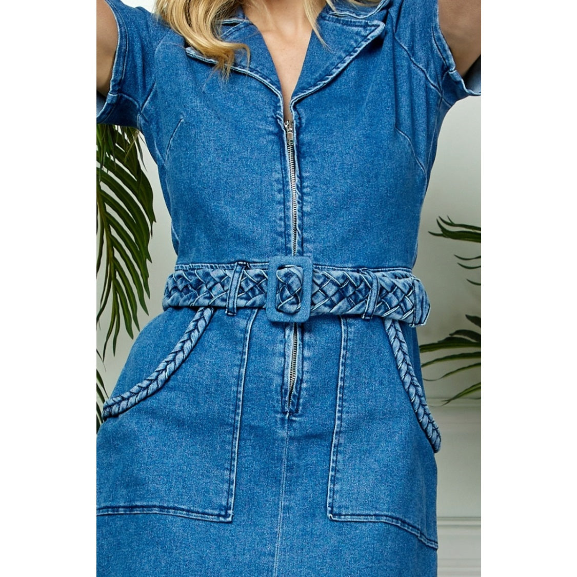 Zara Zip Up Braided Belt Denim Mini Dress