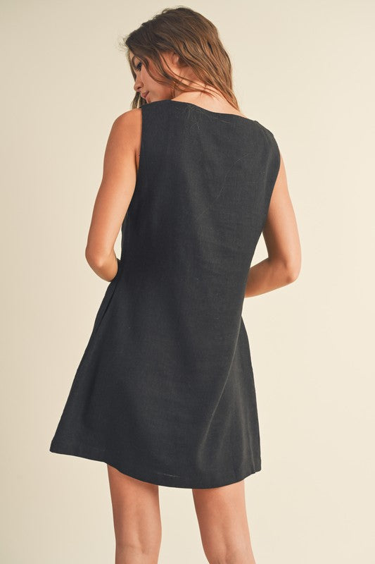 Black Linen Square Neck Mini Dress Black Linen Square Neck Mini Dress