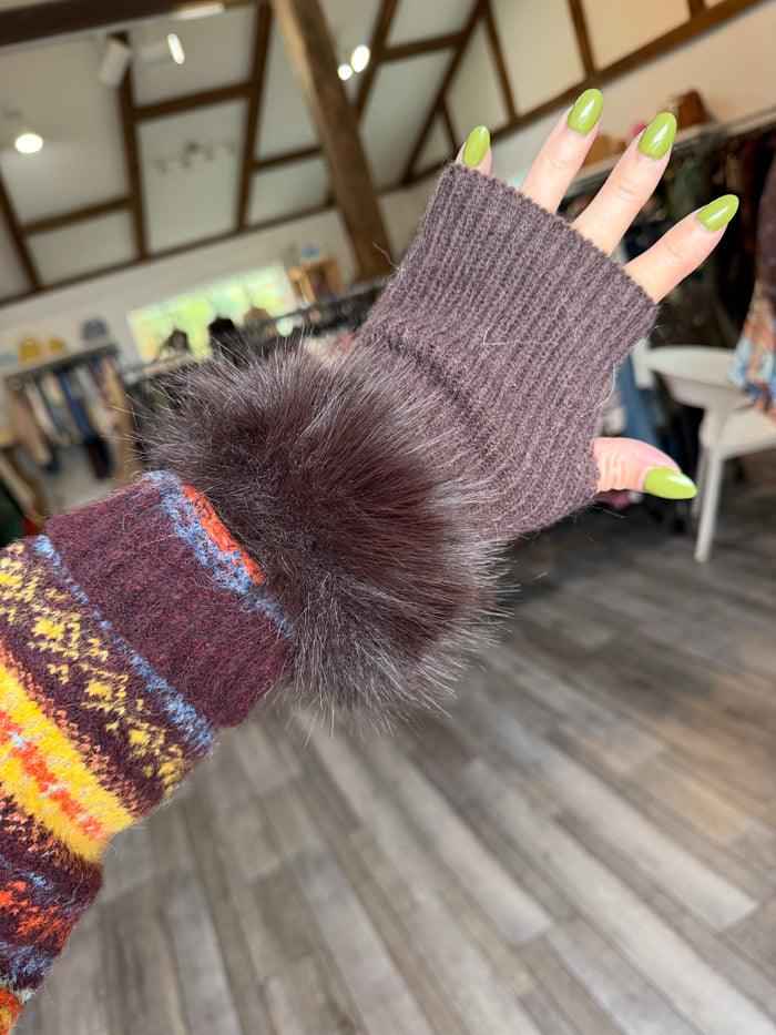 Shaggy Vegan Fur Cuff Rib Knit Fingerless Gloves