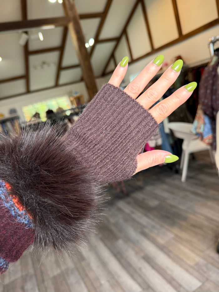 Shaggy Vegan Fur Cuff Rib Knit Fingerless Gloves