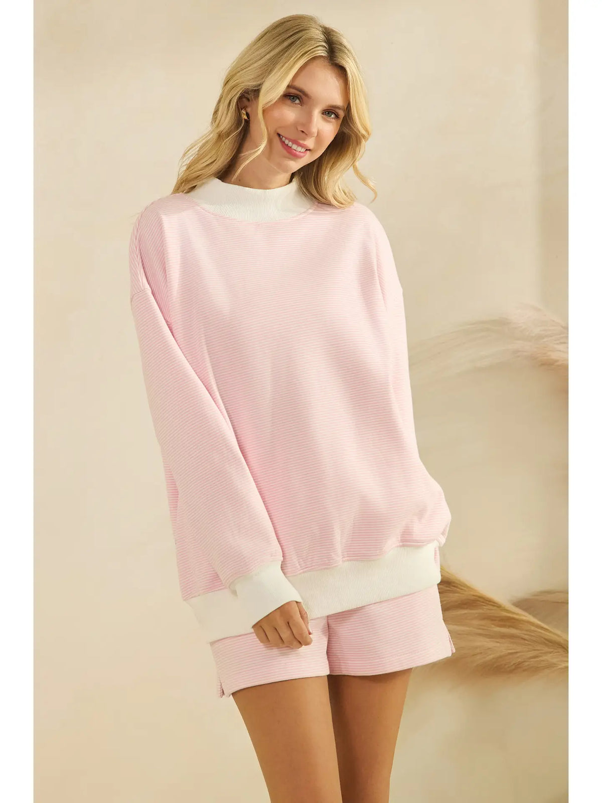 Mock Neck Pink Striped Sweatshirt