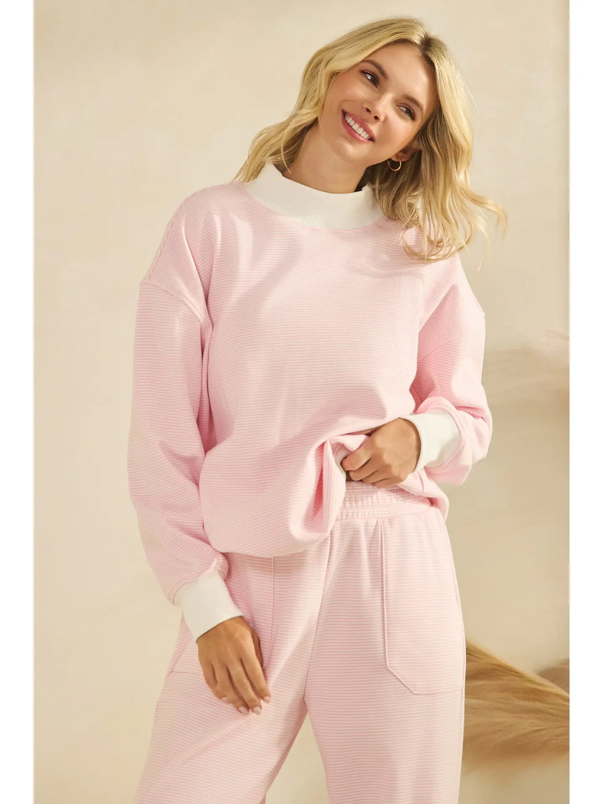 Mock Neck Pink Striped Sweatshirt