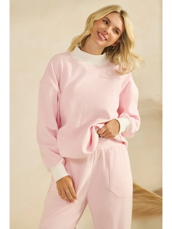 Mock Neck Pink Striped Sweatshirt