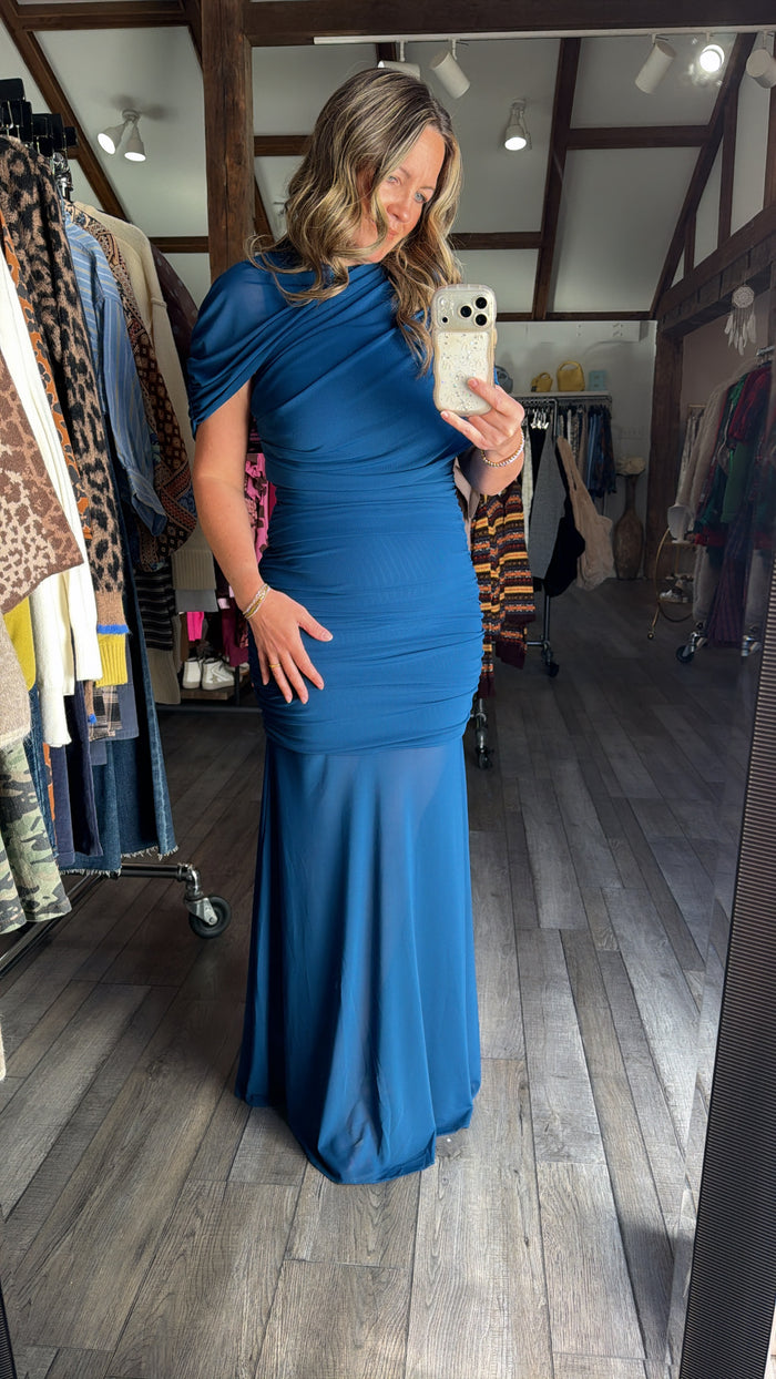 DRAPED MESH MAXI DRESS