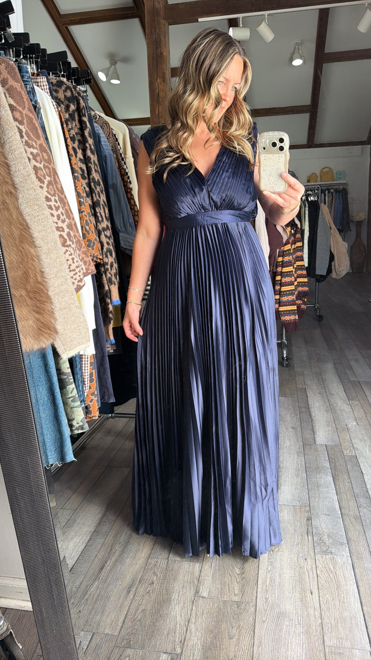 Pleats & Promises Satin V Neck Maxi Dress