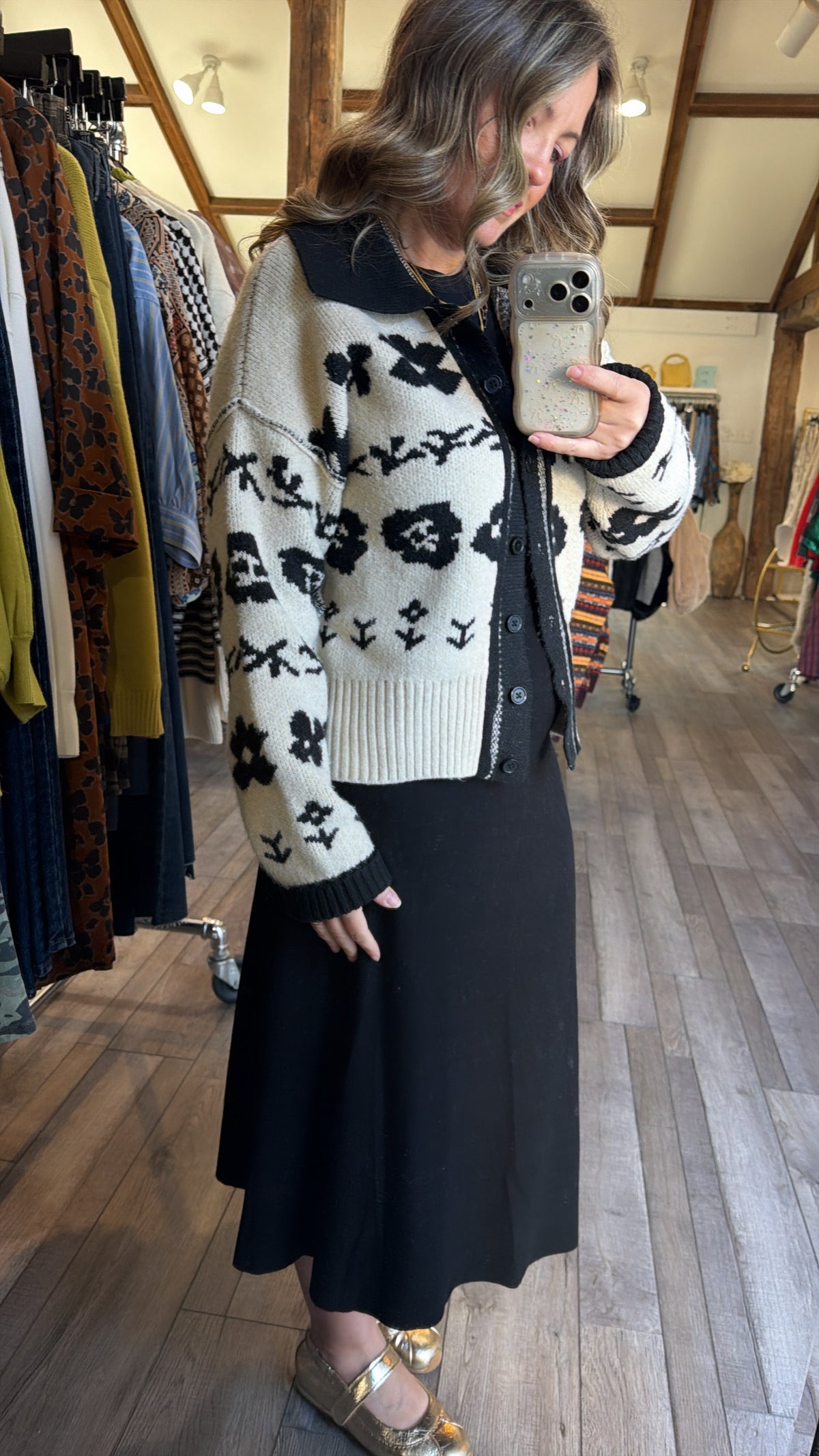 Black Flower Button Cardigan