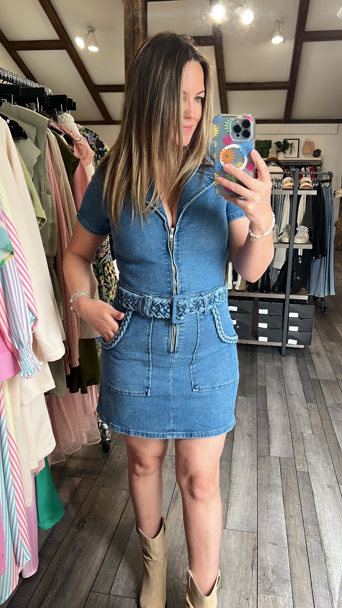 Zara Zip Up Braided Belt Denim Mini Dress