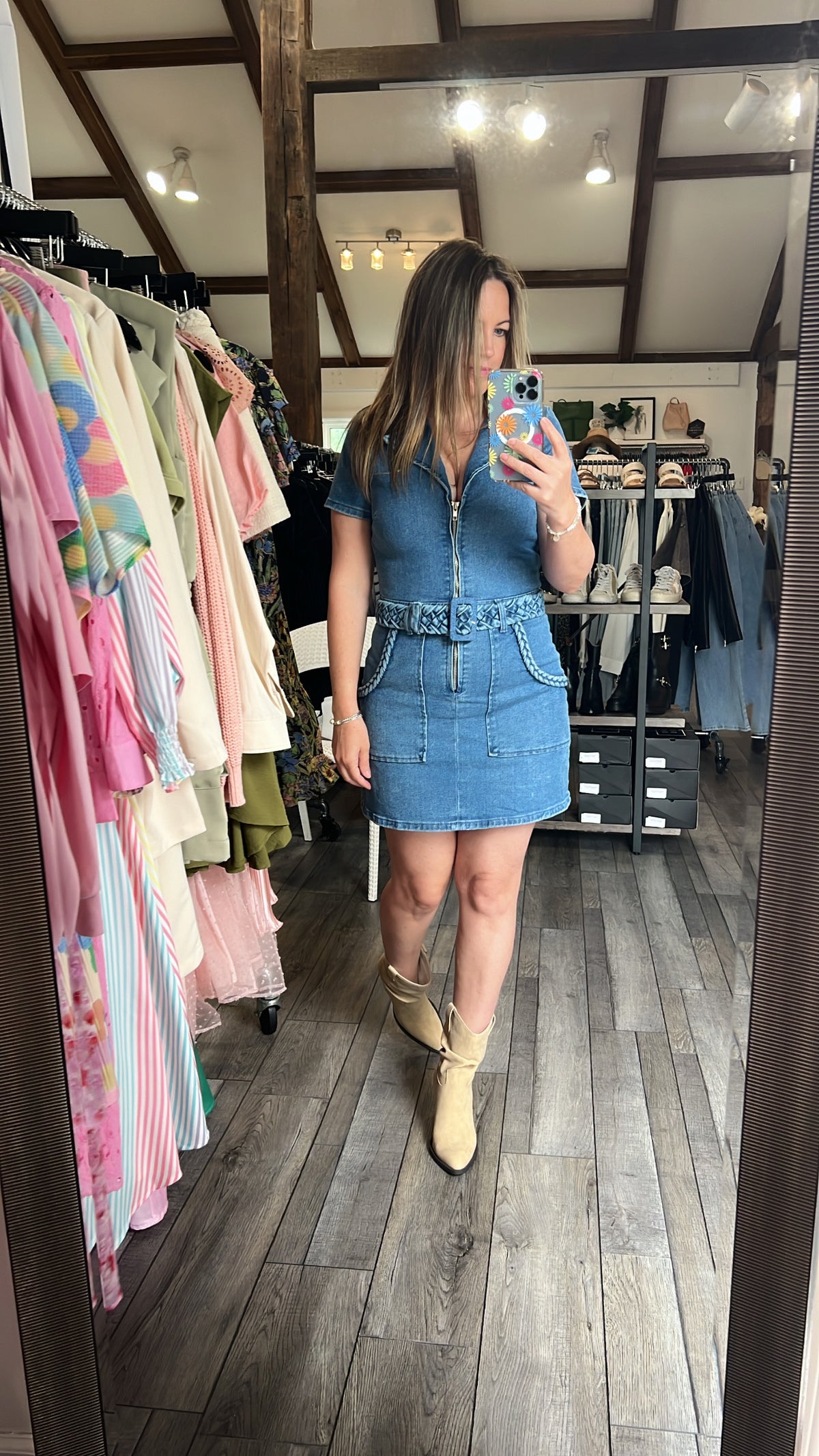 Zara Zip Up Braided Belt Denim Mini Dress