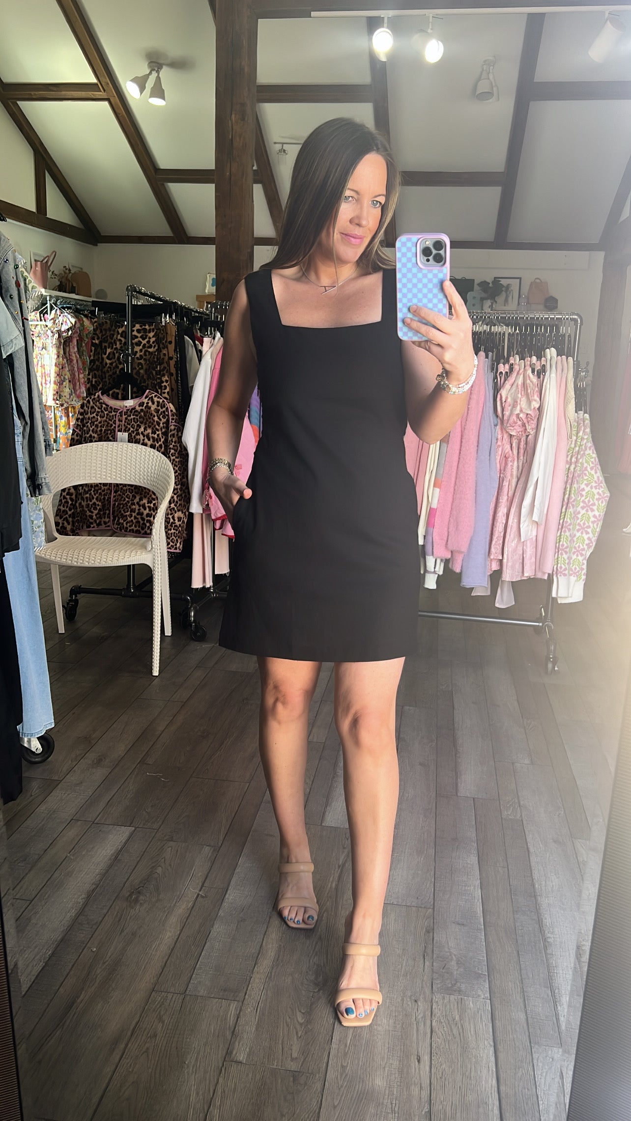 Black Linen Square Neck Mini Dress Black Linen Square Neck Mini Dress