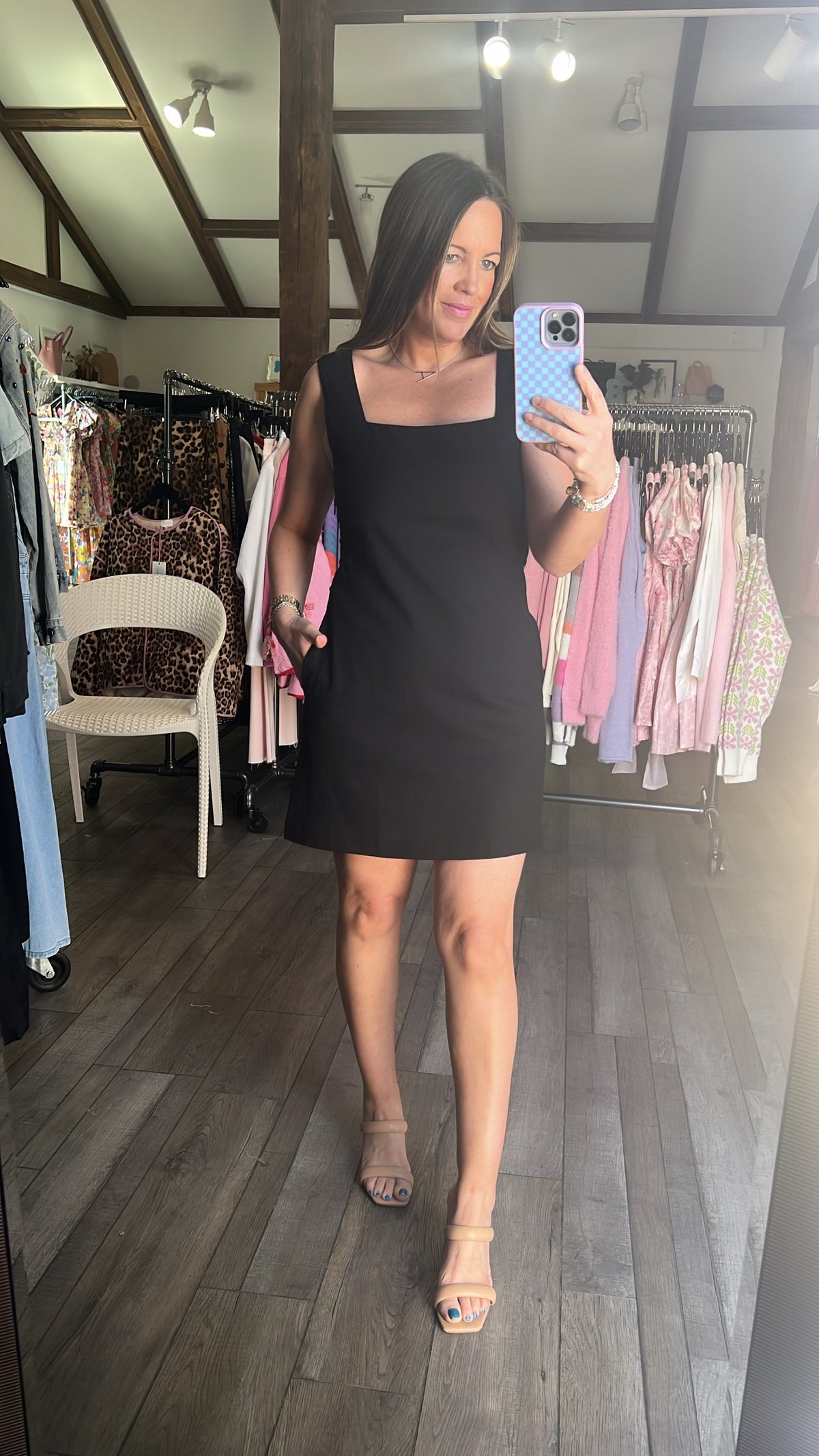 Black Linen Square Neck Mini Dress Black Linen Square Neck Mini Dress