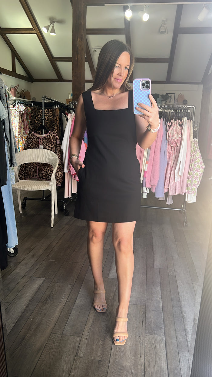 Black Linen Square Neck Mini Dress