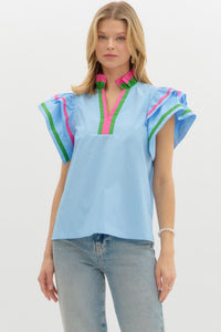 Delfina Flutter Sleeve Top Blue