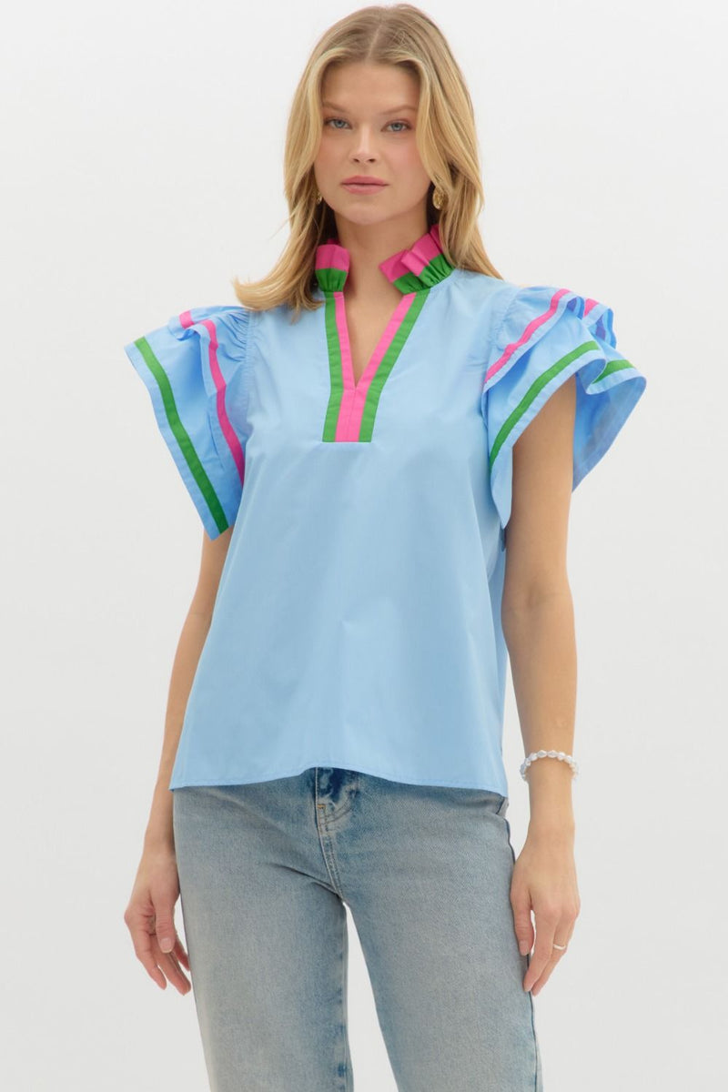 Delfina Flutter Sleeve Top Blue